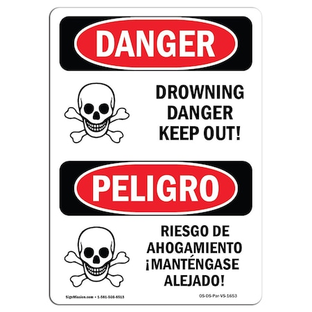 Safety Sign, OSHA Danger, 14" Height, Aluminum, Drowning Danger Keep Off Bilingual Spanish